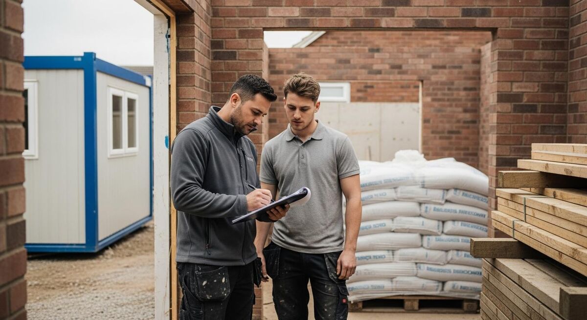 A site manager and a trade subcontractor reviewing a clipboard at the entrance to a small UK construction site, both in normal work clothes.