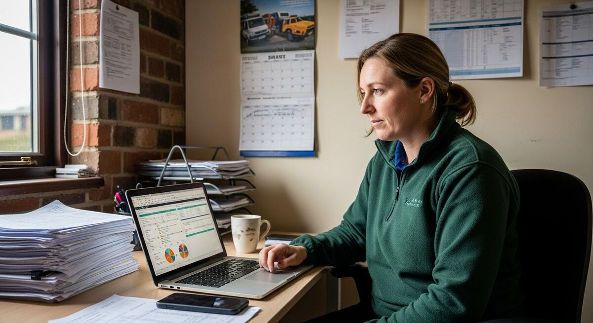 UK trade business owner reviewing apprenticeship funding paperwork on a laptop