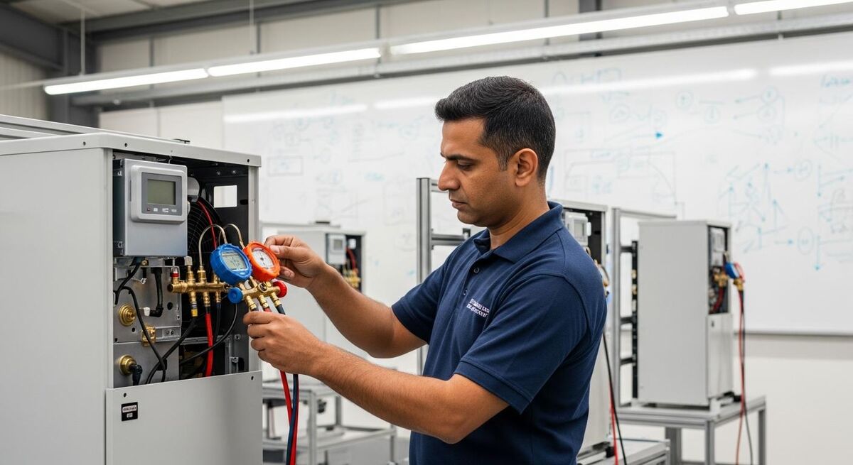 Engineer working on an air source heat pump unit during a training course