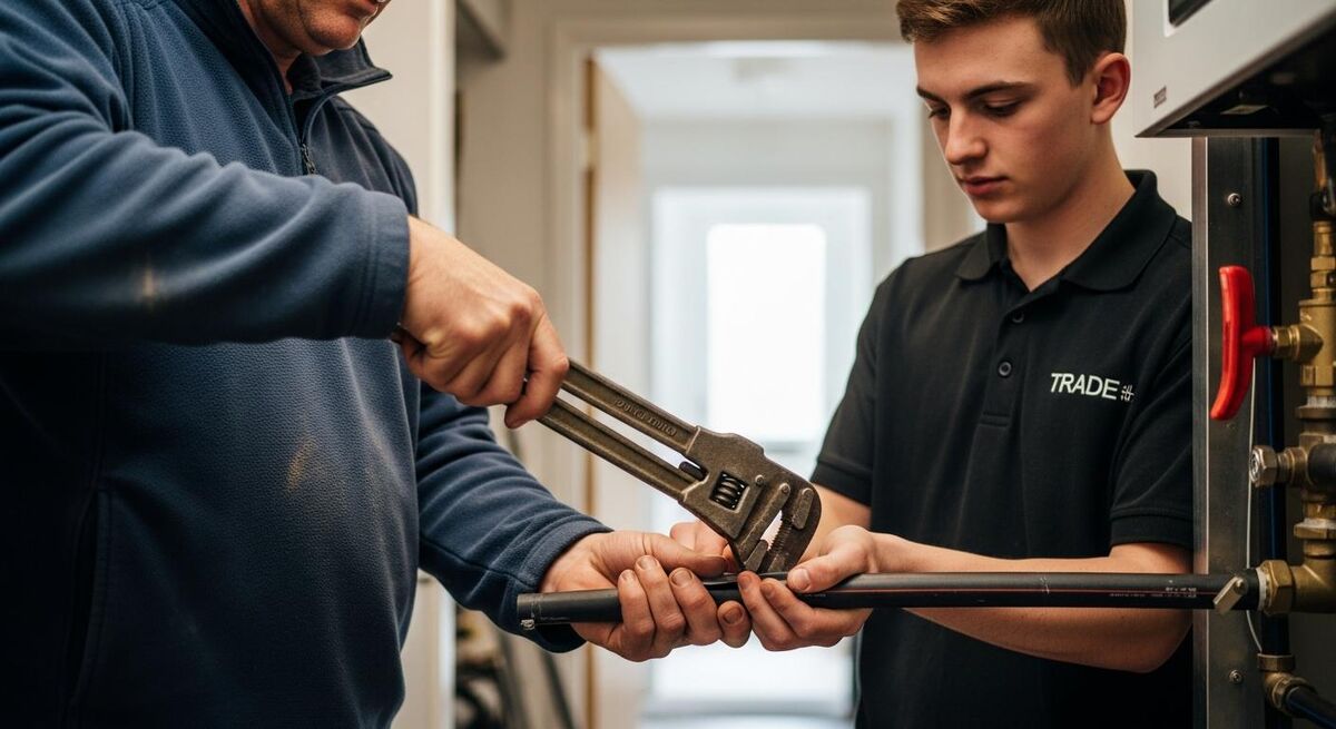Mentor showing a young apprentice how to use a pipe wrench