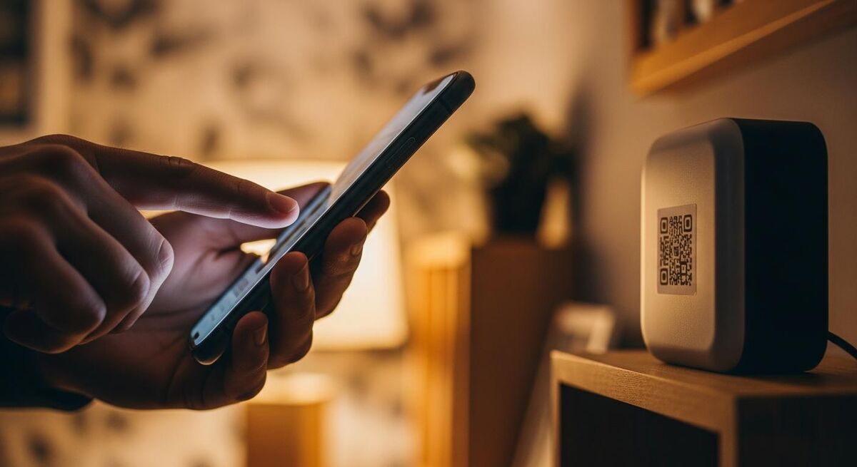 Engineer holding smartphone scanning QR code on smart lighting device
