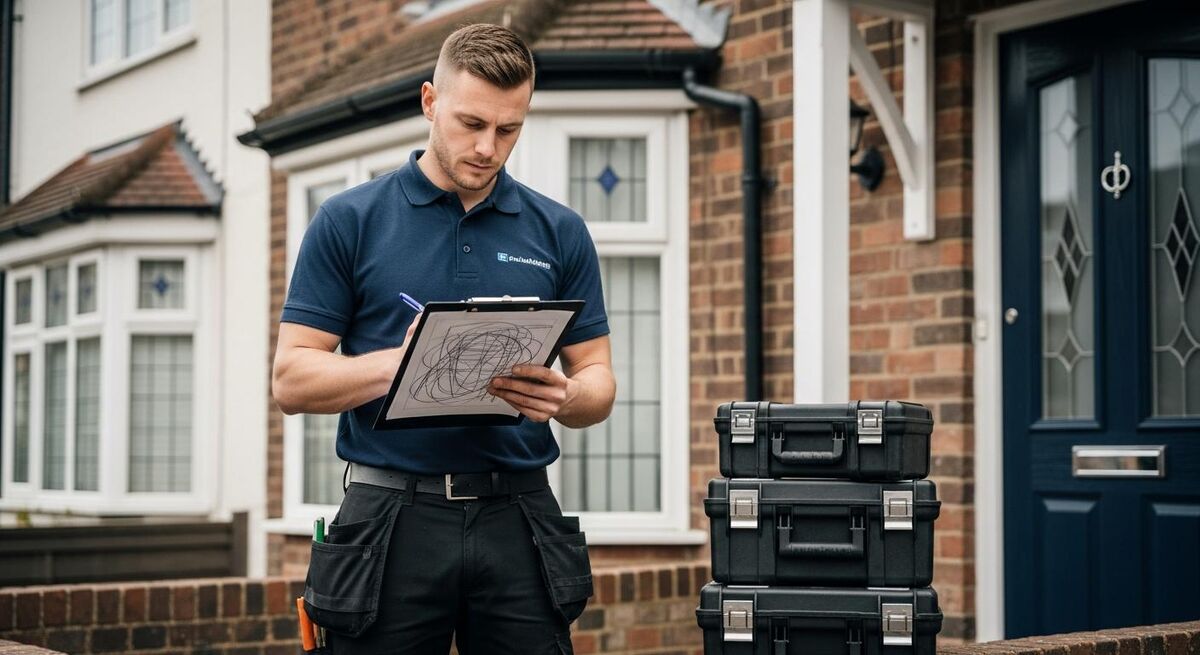 Engineer writing quote on clipboard at customer doorstep showing pricing breakdown