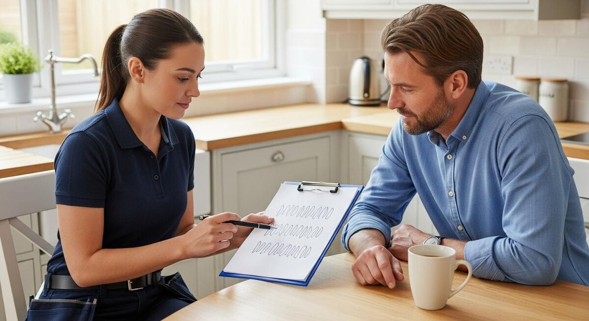 Engineer at customer kitchen table reviewing tablet spec sheet with homeowner