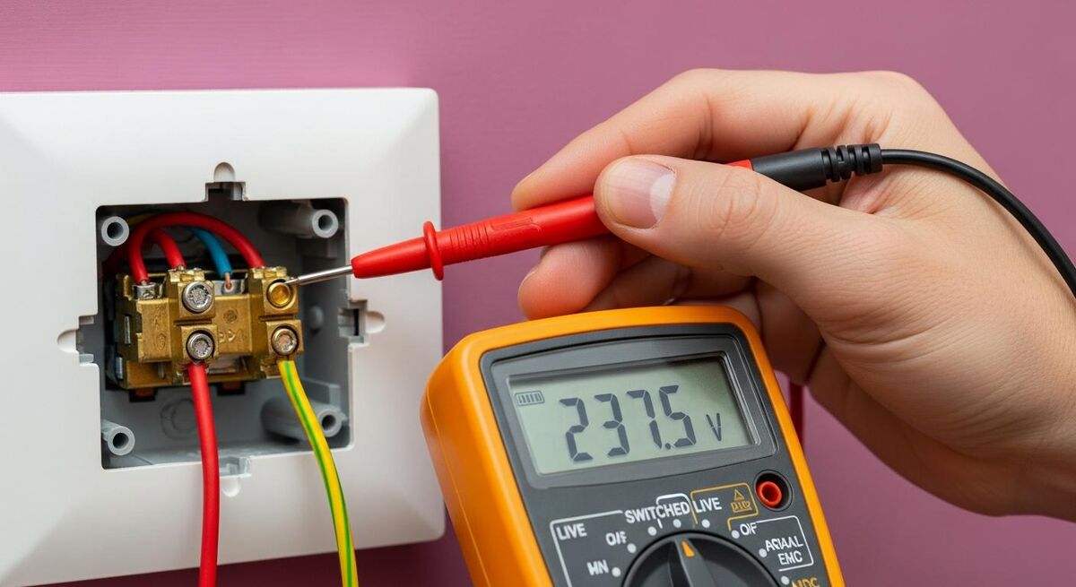 Engineer testing voltage at switch back box with multimeter, showing wires