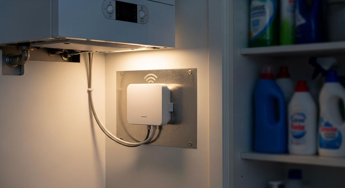 Wireless heating hub mounted near a combi boiler in a kitchen cupboard