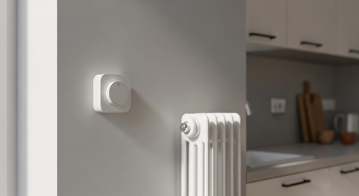 Compact wall-mounted smart thermostat next to a kitchen radiator