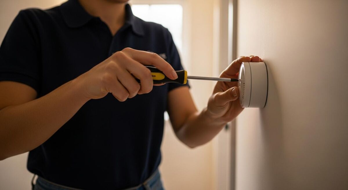 Engineer removing an older smart thermostat from a wall for replacement