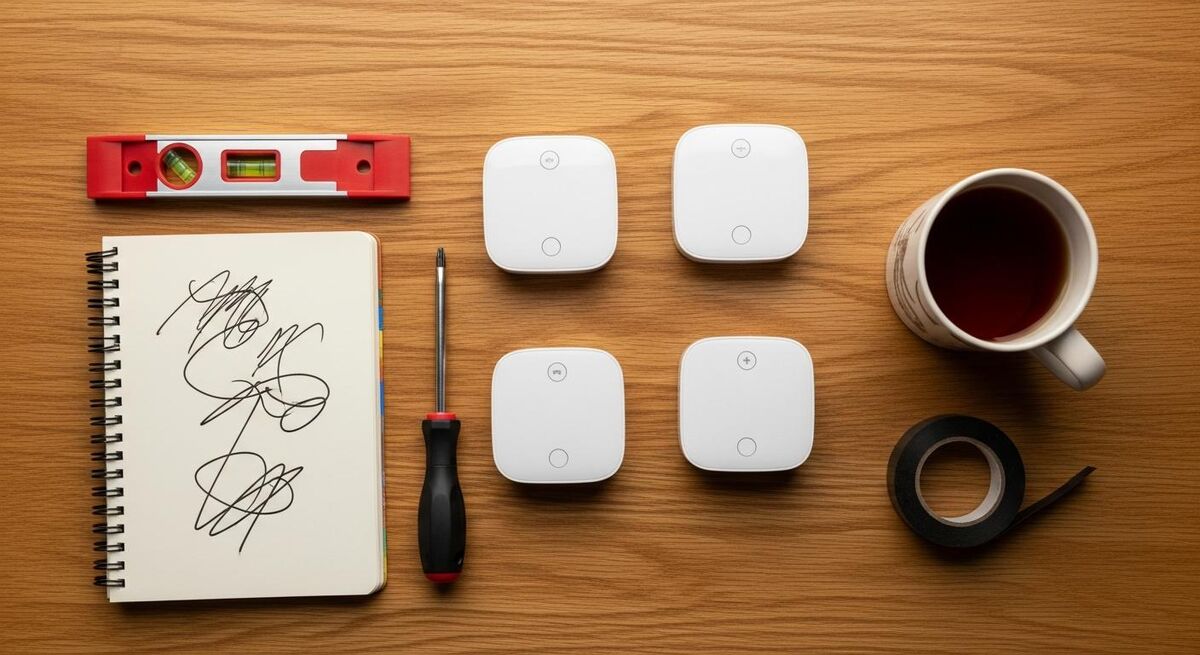 Hands selecting a smart thermostat from a workbench beside a combi boiler
