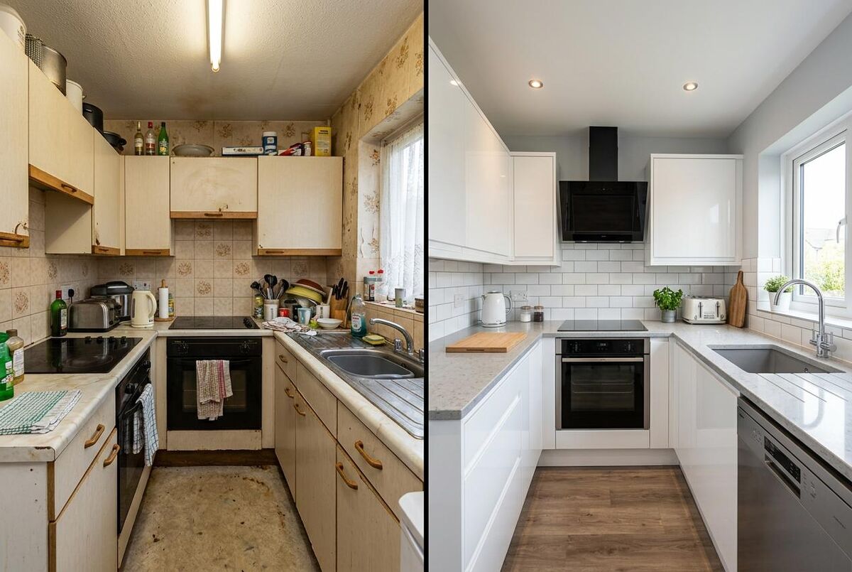 Before and after kitchen renovation comparison, social media content that performs well for UK tradespeople