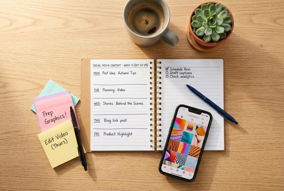 Social media content planning tools for tradespeople, notebook, phone, sticky notes and coffee on a desk