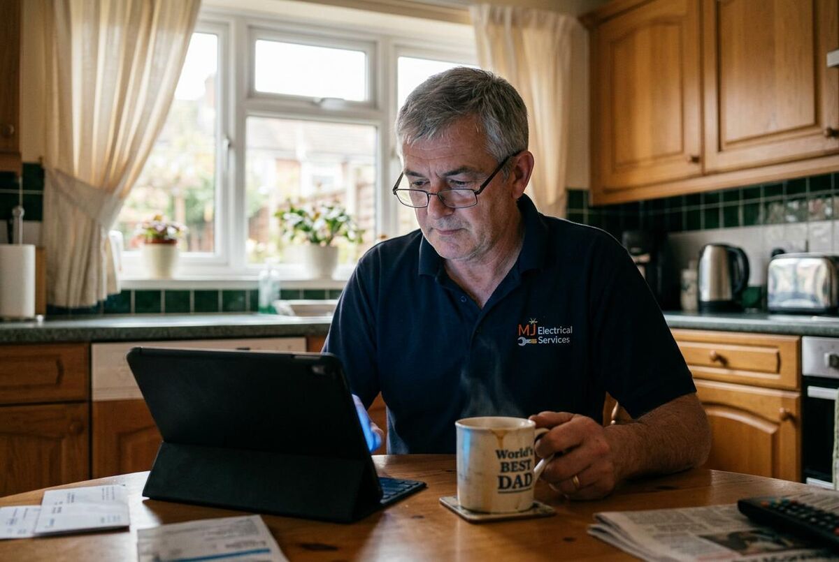 Experienced electrician reviewing Facebook leads and recommendations on a tablet at home