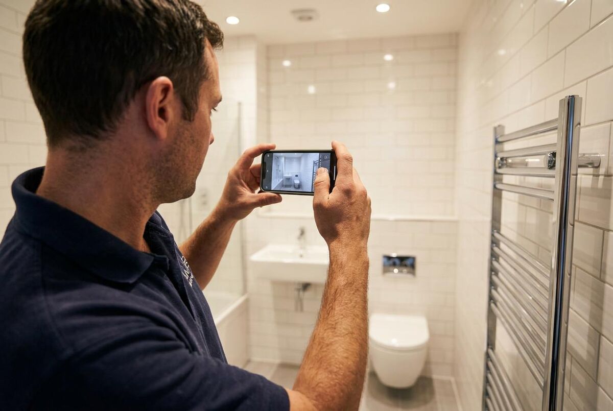Plumber filming a completed bathroom installation for TikTok content