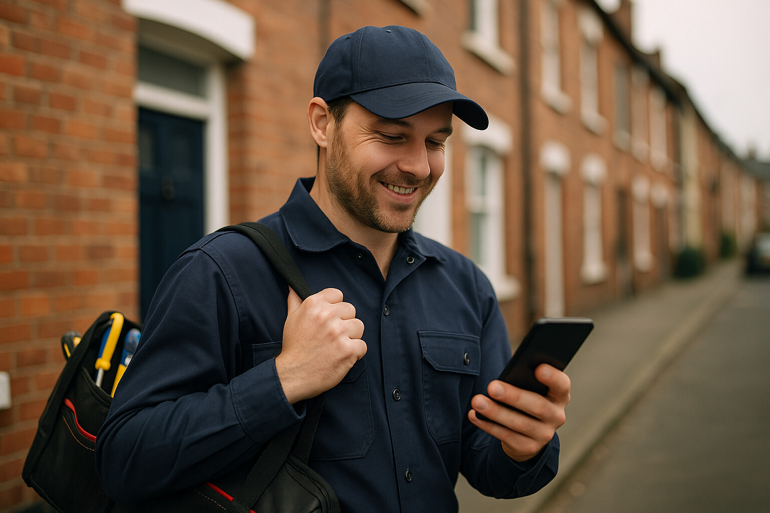 UK tradesman checking his Google Business Profile reviews on smartphone