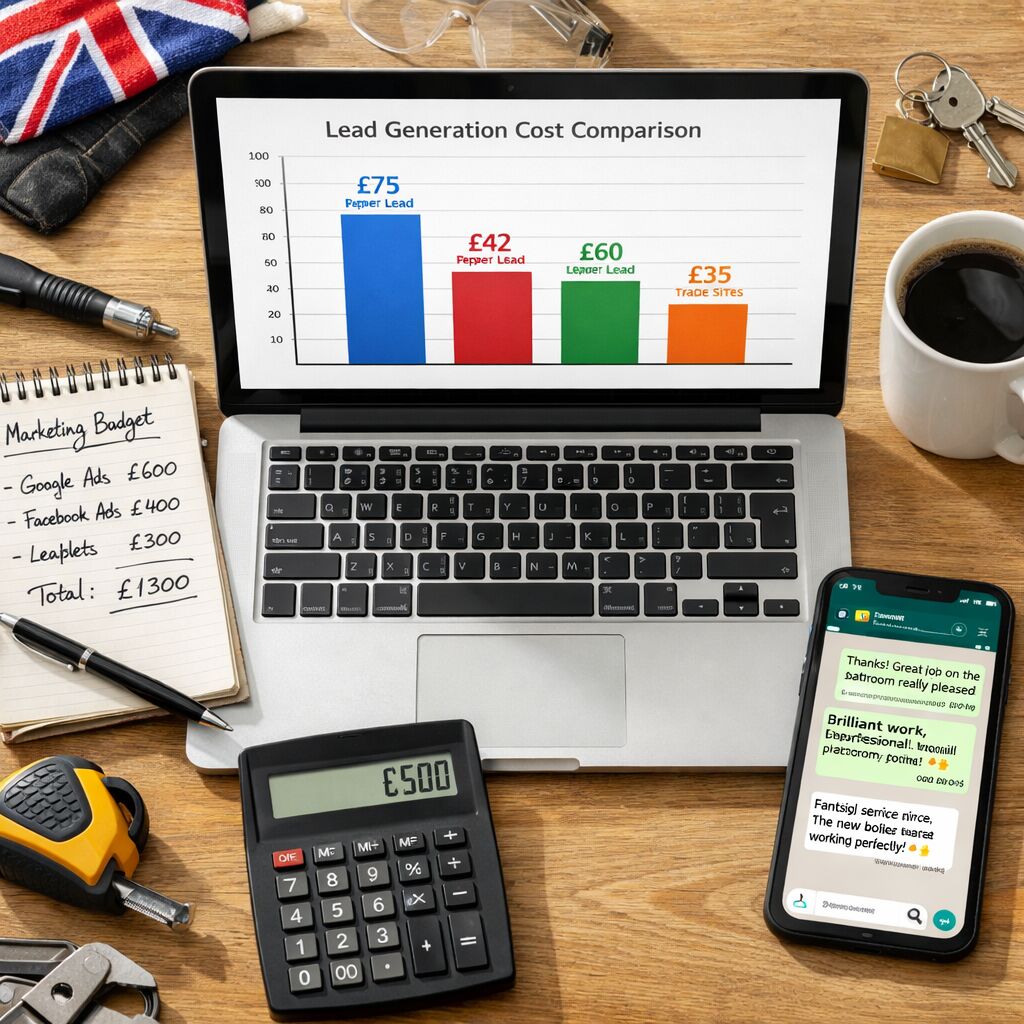 UK tradesperson reviewing marketing budget and lead generation costs on laptop
