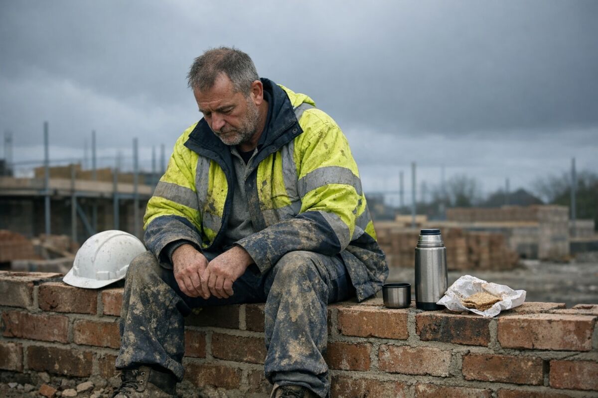 A tired construction worker taking a break on a building site, reflecting the physical and mental toll of the trades