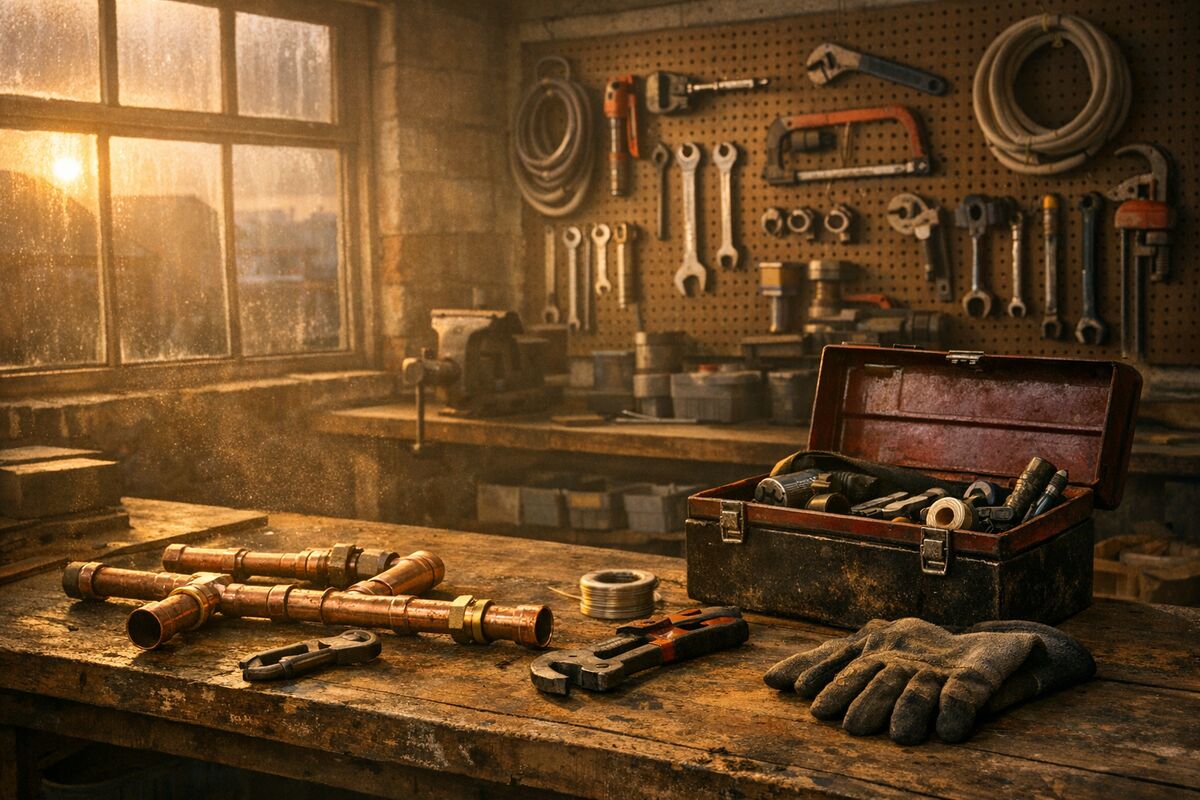 An empty plumbing workshop at dawn, tools neatly arranged but nobody present, representing the growing skills gap in UK trades