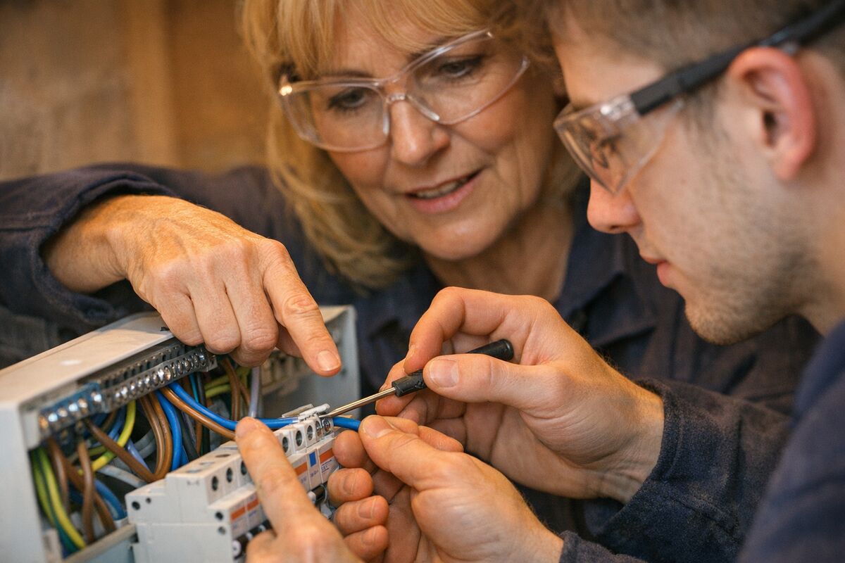 An experienced female electrician mentoring a young apprentice at a consumer unit, demonstrating career development in the trades