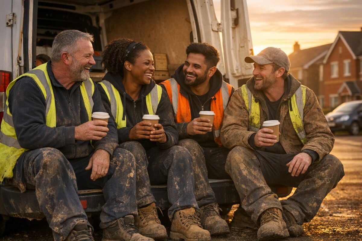 A diverse group of UK tradespeople sharing coffee and laughing at the end of a working day, demonstrating positive team culture