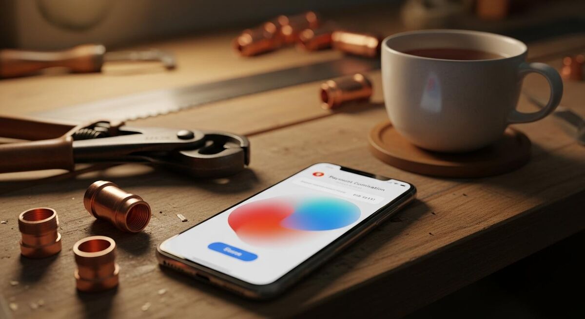 Smartphone showing a payment notification on a workshop desk with copper fittings and tea