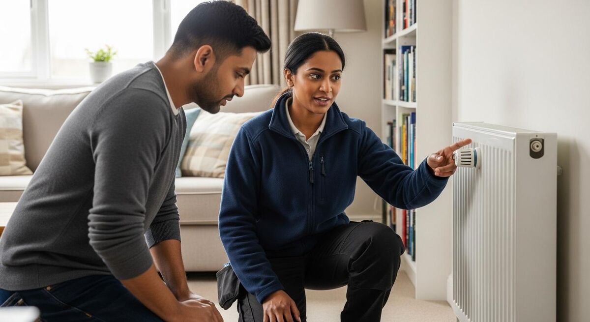 Heating engineer explaining radiator controls to a homeowner in a living room