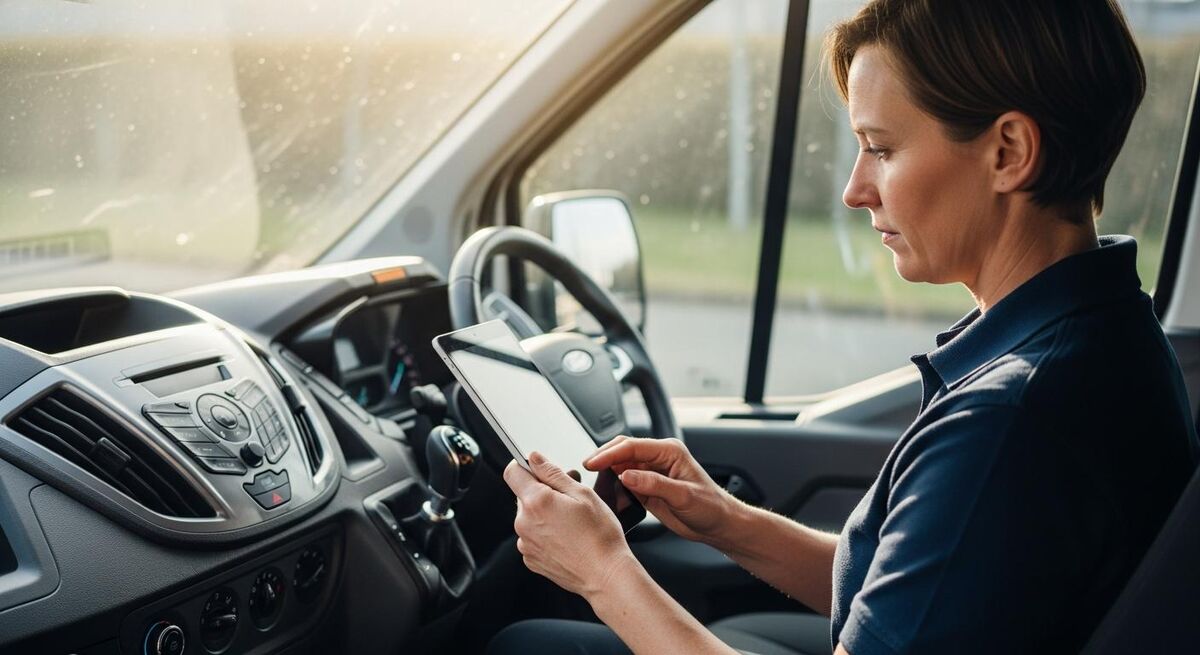 Tradesperson in a van reviewing a quote on a tablet device