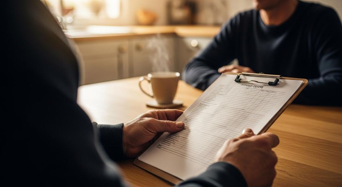 Heating engineer reviewing a quote with a homeowner at a kitchen table