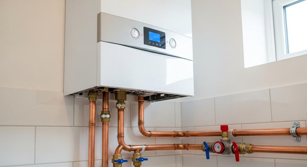 Newly installed combi boiler with copper pipework in a utility room