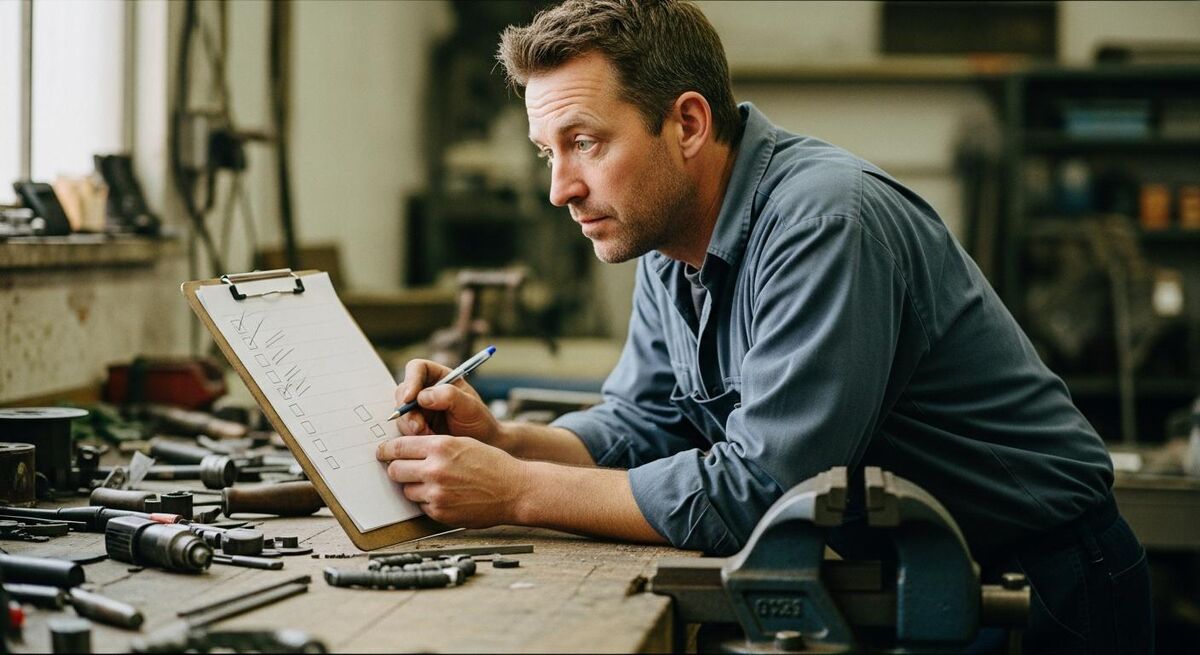 A trades manager reviewing a checklist on a clipboard in a workshop