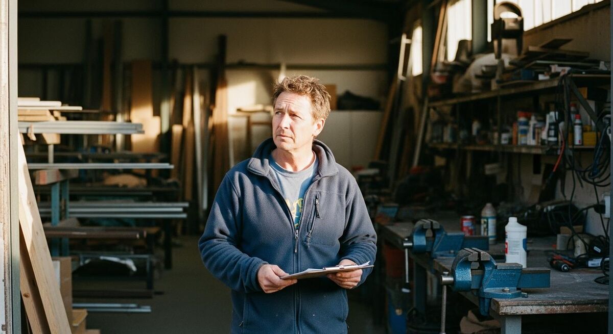 A trades business owner reviewing subcontractor paperwork at a workshop desk