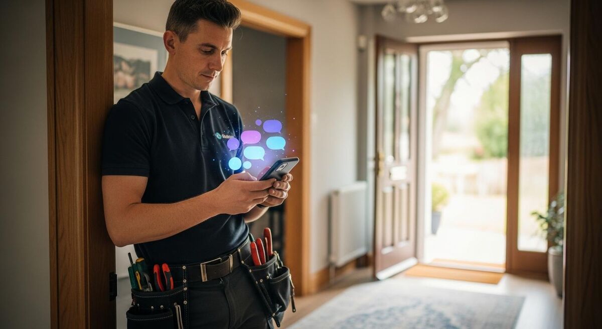 A plumber using a phone with an AI assistant interface visible on screen