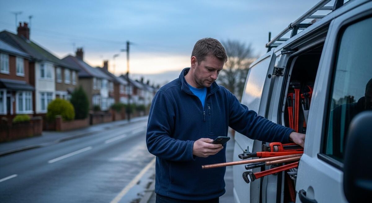 A trades professional reading a phone notification while loading a van