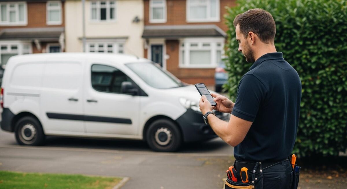 An electrician checking schedule on a phone outside a property job
