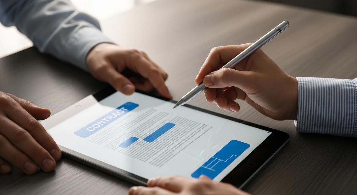 Tablet showing a digital contract agreement on a construction site desk