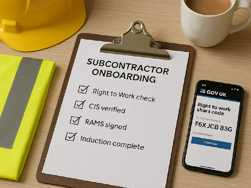 Subcontractor onboarding checklist: right to work, CIS, induction and paperwork (UK construction) featured image
