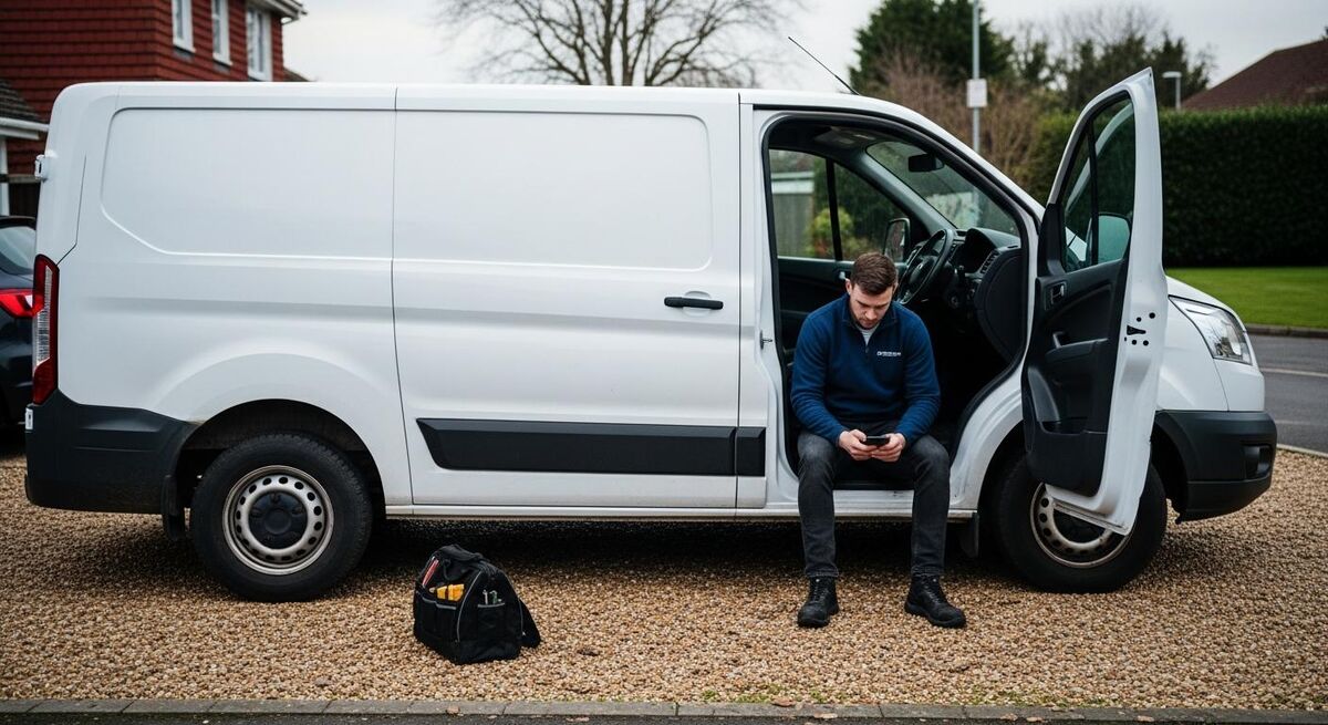 UK trades van parked on a driveway with mileage tracking app on phone