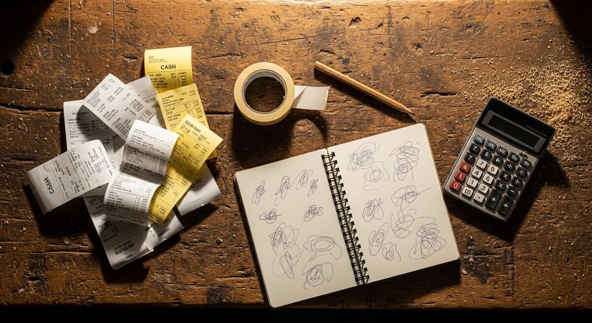 UK tradesperson sorting receipts and a calculator on a workshop bench