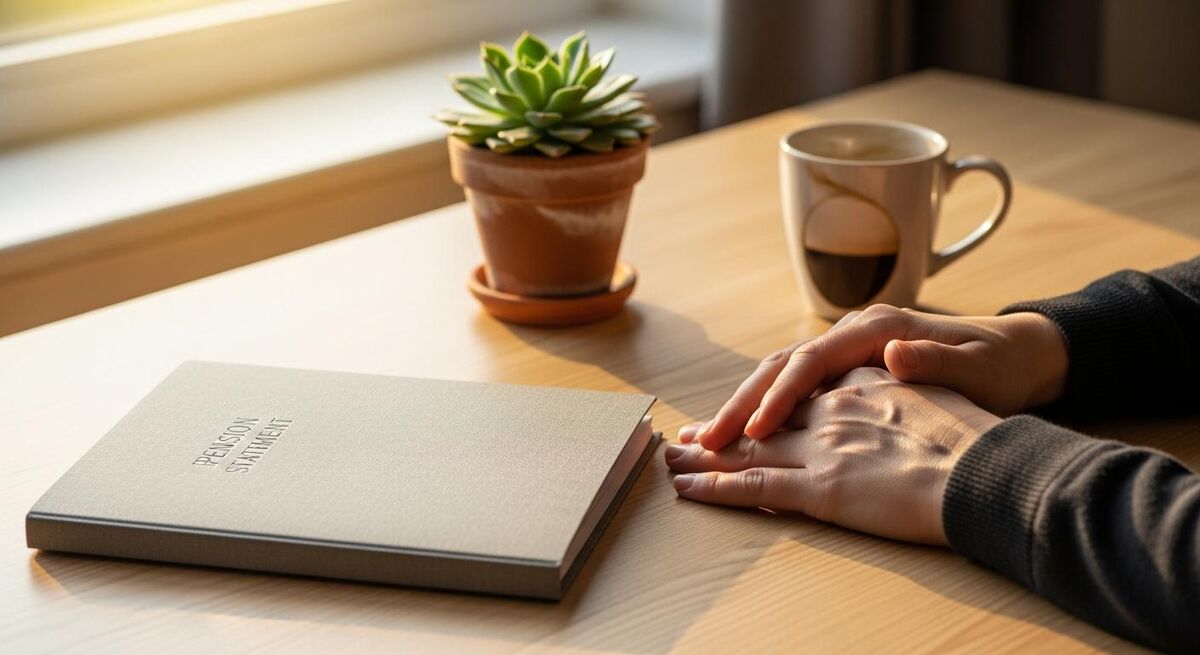 Self-employed tradesperson reviewing pension contribution paperwork at a desk