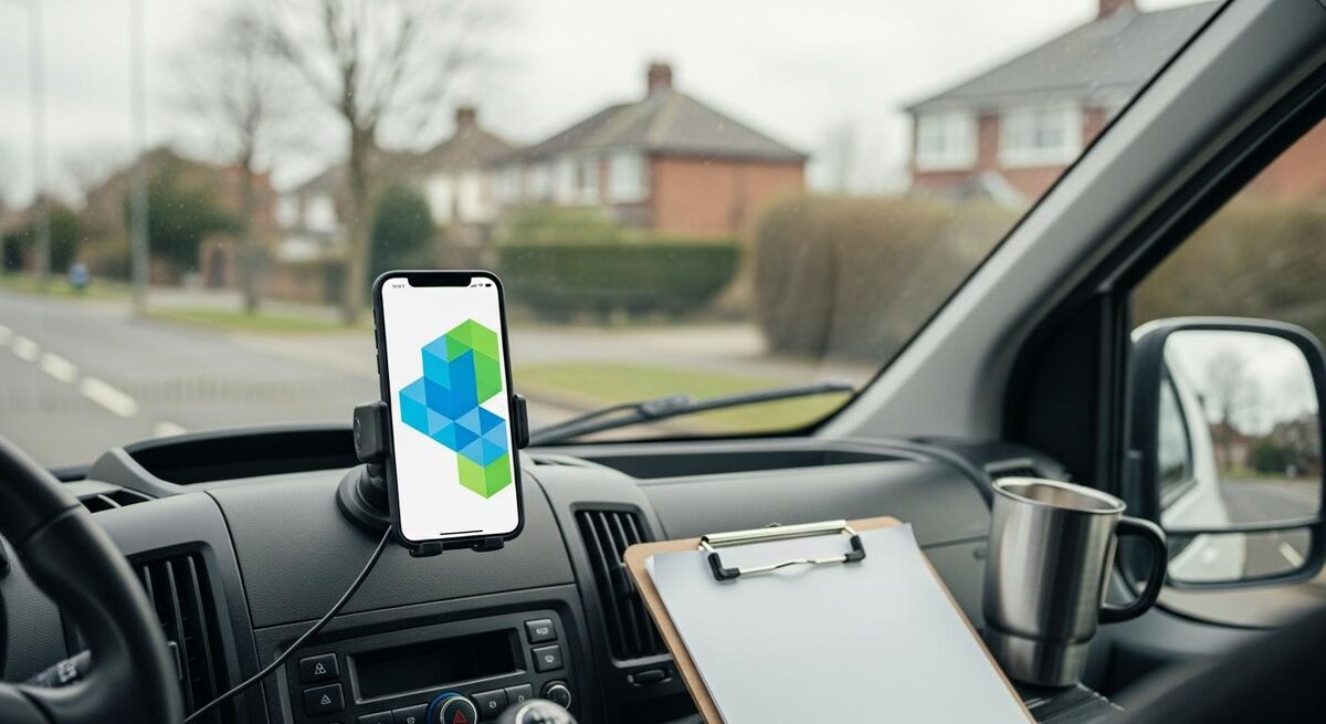UK tradesperson using a job management app on a phone in a van cab