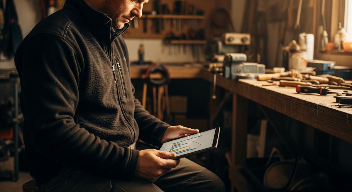 A trades business owner reviewing notes on a tablet at a workshop bench