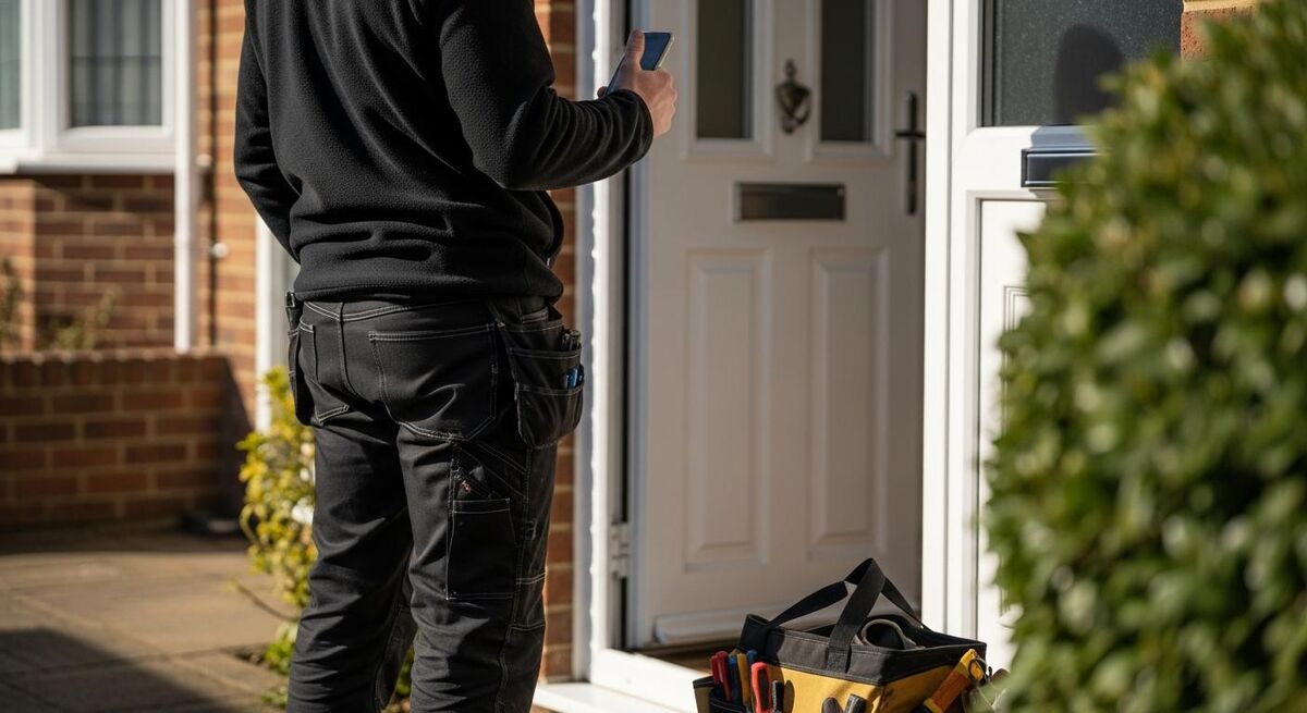 An electrician sending a message on a phone while standing beside a customer's front door