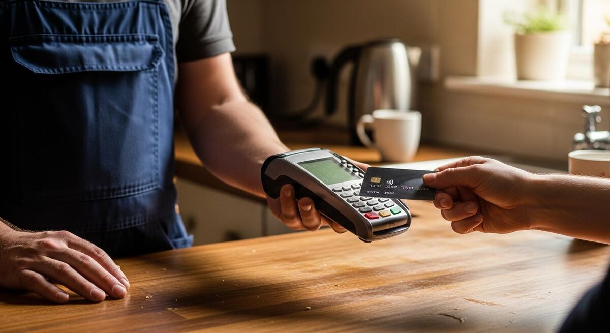A tradesperson taking a card payment from a customer at a kitchen worktop