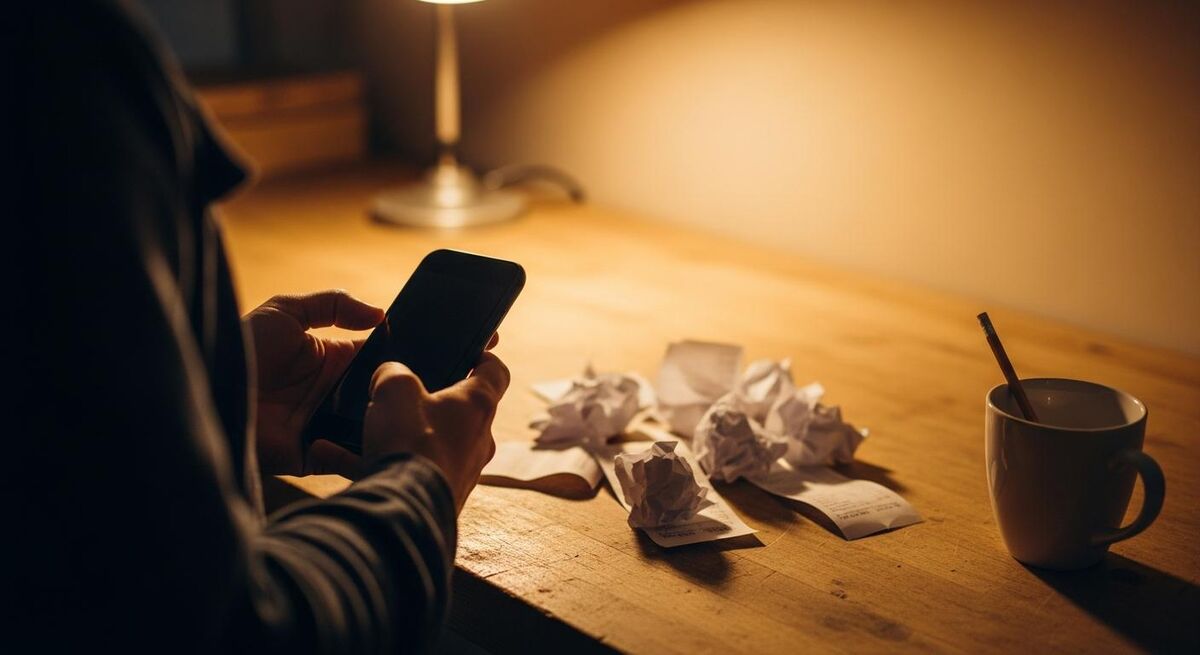 A tradesperson photographing a pile of paper receipts on a workbench with a phone