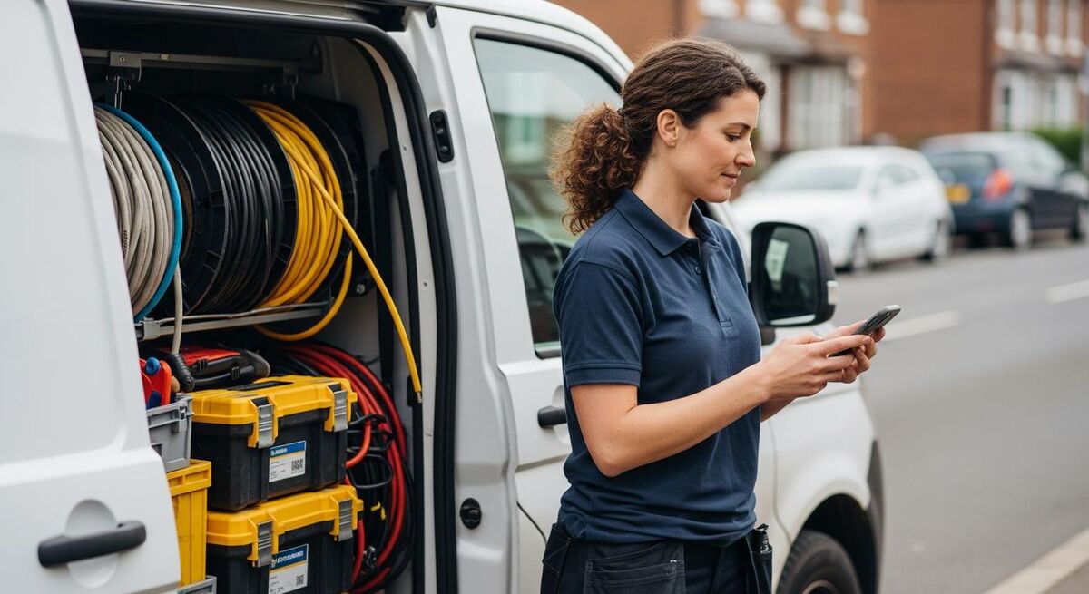A plumber checking a phone at the back of a work van early in the morning
