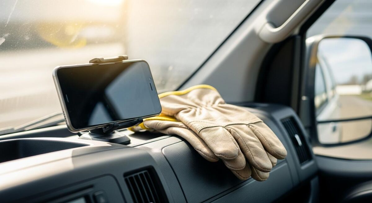 A smartphone clipped to a van dashboard mount beside a pair of work gloves