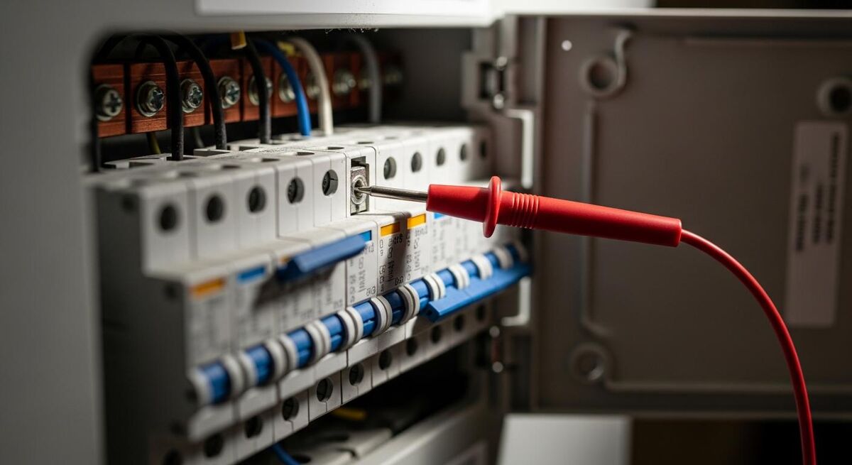 Close-up of an electrician inspecting a consumer unit during an EICR
