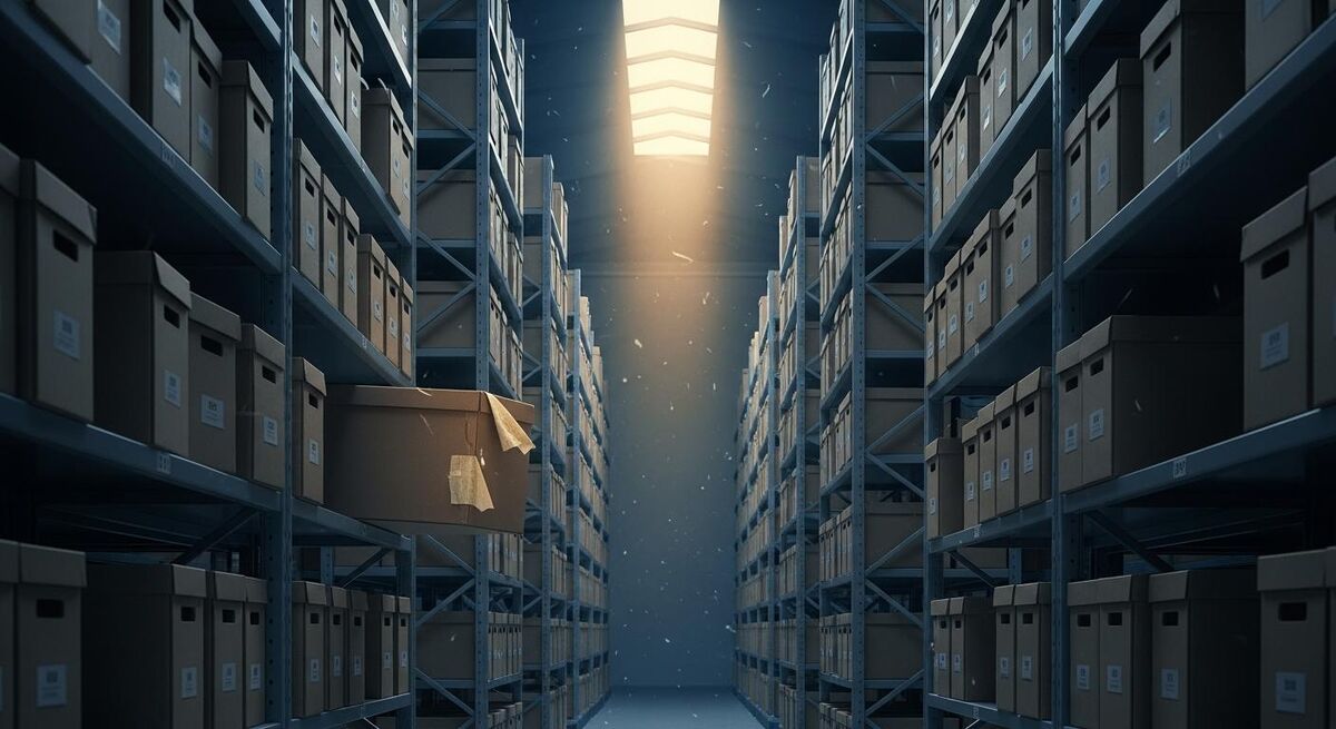 Rows of archive boxes filled with paper documents on metal shelving in a storage room