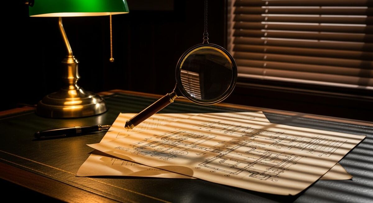 Legal documents and construction certificates spread on a desk with a magnifying glass