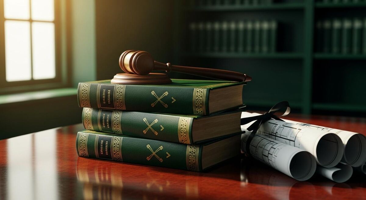 Legal books, gavel and construction blueprint arranged on a wooden table