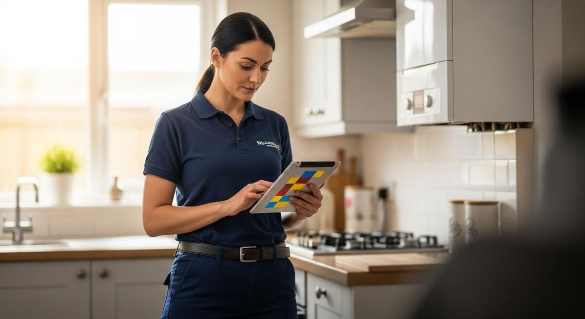Tradesperson using a tablet on a job site to check AI-generated job notes