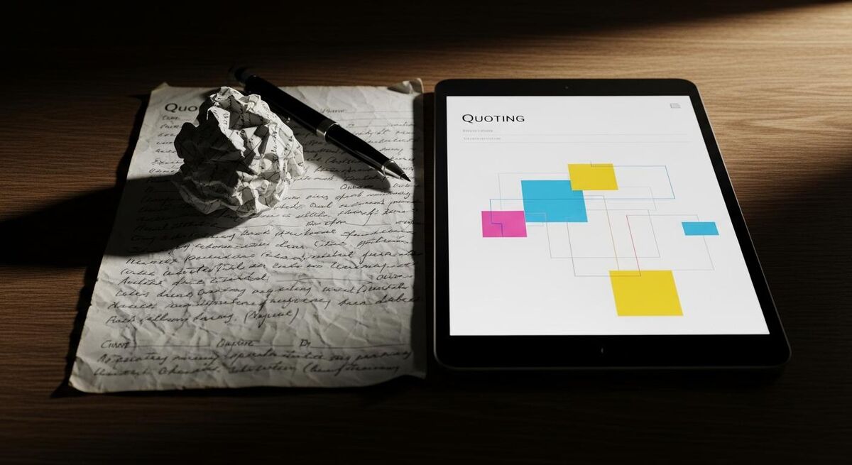 Split-screen view of a paper quote form beside a modern digital quoting interface